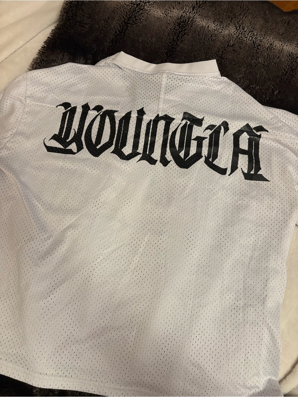 YoungLA White Mesh Jersey with Black Gothic Logo Back